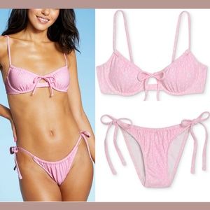 NWT Xhilaration [ Medium ] Shirred Bikini Top + High Leg Bottom Pink‎ Dot